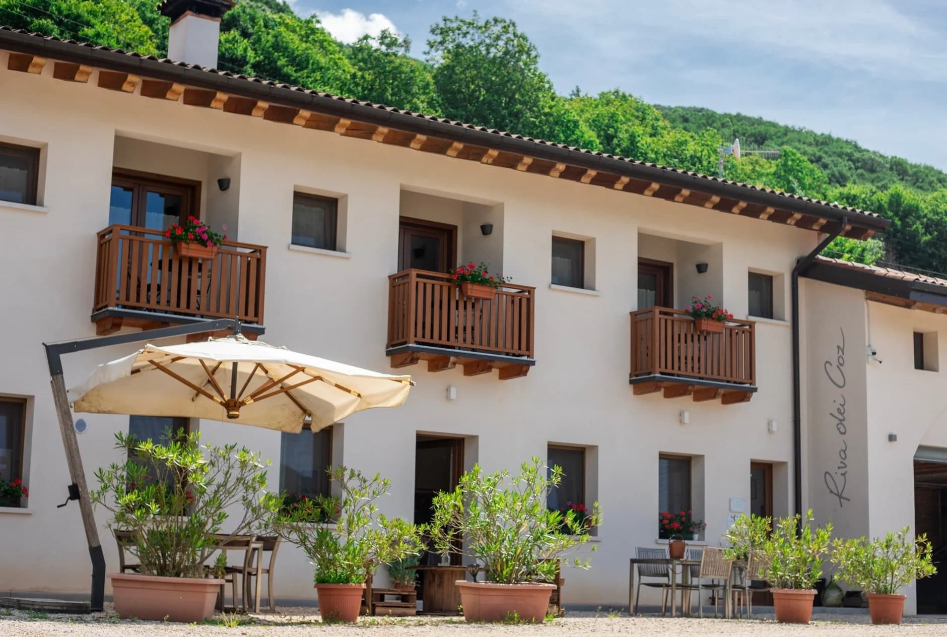 Vista panoramica dell'agriturismo Riva dei Coz e delle Dolomiti